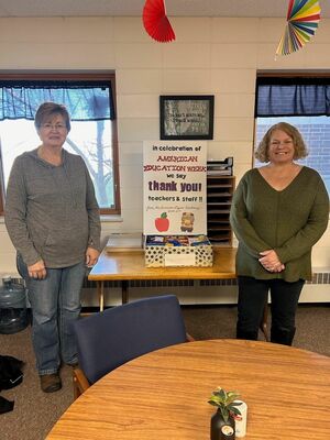 Becky Carlson and Kim Achen deliver treats to Lake of the Woods School during American Education Week. photo submitted by American Legion Post 217 Auxiliary