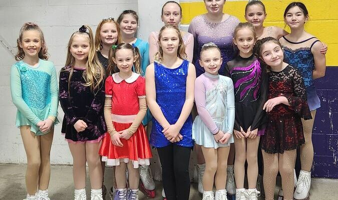 Skaters (not in order) Melody Solar, Molly Pierson, Nora Johnson, River Nylander, Lacie Ferrier, Aria Ivall, Madison Peterson, Kit Patton, Katelyn Peterson, Keira Ferrier, Lily Solar, Katie Quo, and Aunika Nylander at the recent Ice Box competition on Sunday, Jan 28, 2024. Photo submitted by Lake of the Woods Skating Club