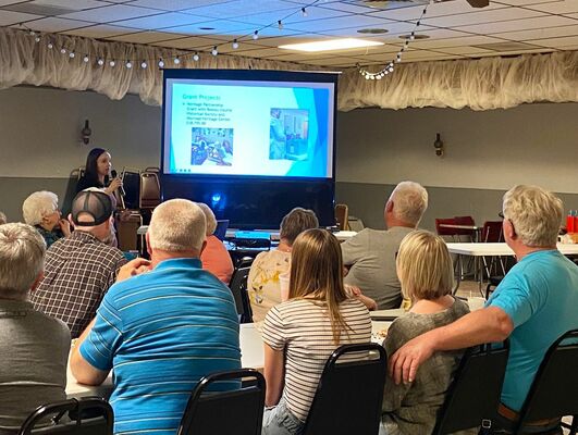 Director Lindsay Marshall gives update on grant and projects at the Lake of the Woods Historical Society Annual Meeting Friday May 19th. Photo by Shawna Wendler